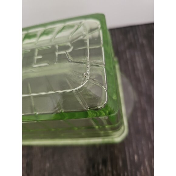 Vintage Optic Green Depression Uranium Glass Butter Dish w/ Lid - Block Pattern - Picture 5 of 12